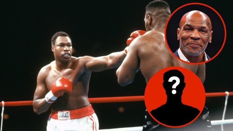 Image of Larry Holmes fighting with insets of Mike Tyson and mystery figure