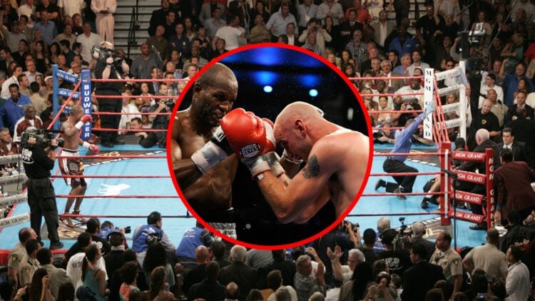 Bernard Hopkins in the ring with inset of Hopkins vs Kelly Pavlik