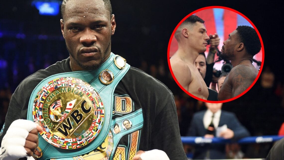 Deontay Wilder stood with a belt with inset of Chris Billam-Smith facing off against Brandon Glanton
