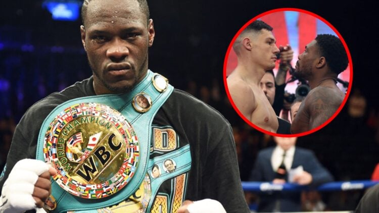 Deontay Wilder stood with a belt with inset of Chris Billam-Smith facing off against Brandon Glanton