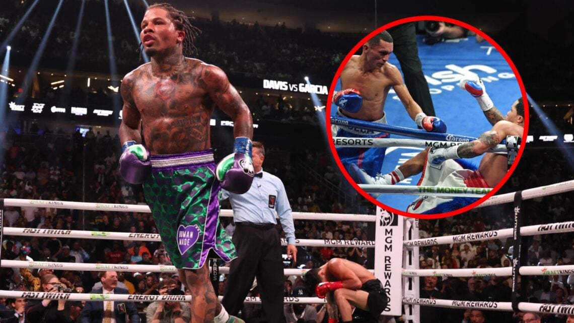 Gervonta Davis after dropping Ryan Garcia with inset of Davis vs Francisco Fonseca