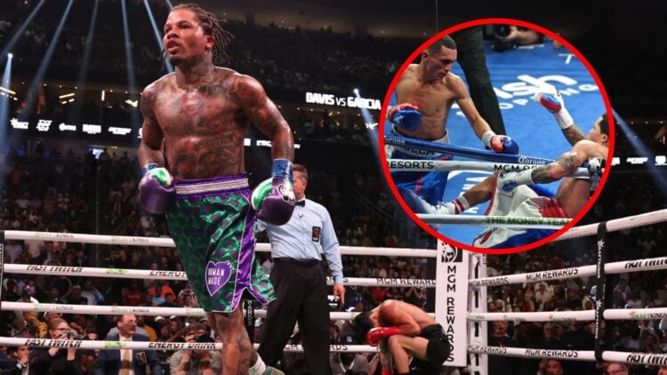 Gervonta Davis after dropping Ryan Garcia with inset of Davis vs Francisco Fonseca