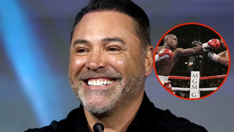 Image of Oscar De La Hoya with an inset of Floyd Mayweather punching