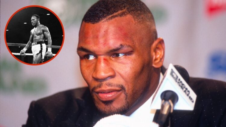 Image of Mike Tyson with an inset of Evander Holyfield