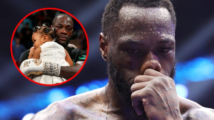 Deontay Wilder with inset of Wilder hugging his daughter