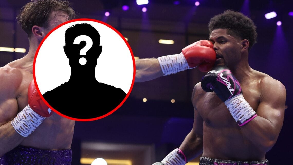 Shakur Stevenson being punched in the face by Josh Padley with inset of mystery silhouette