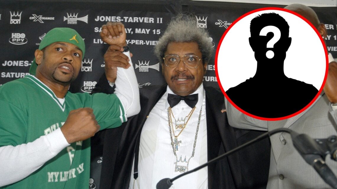 Roy Jones Jr. and Antonio Tarver have their hands raised by Don King with inset of mystery silhouette