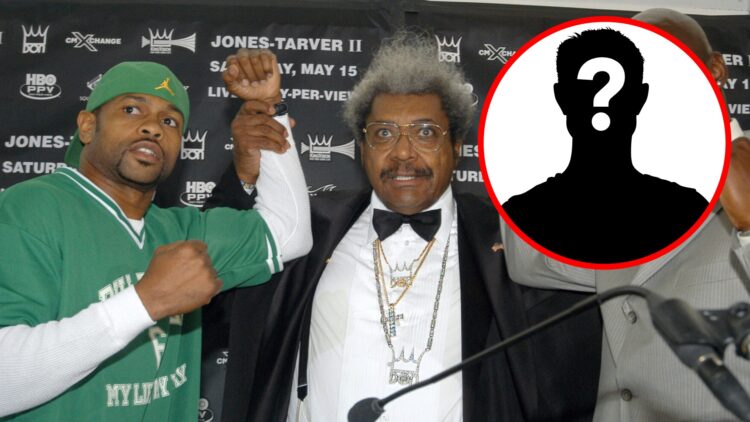Roy Jones Jr. and Antonio Tarver have their hands raised by Don King with inset of mystery silhouette