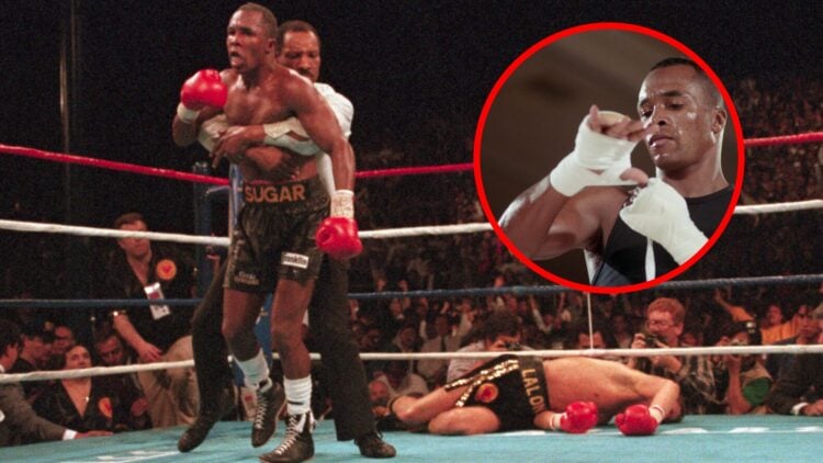 Sugar Ray Leonard after KOing Donny Lalonde with inset of Leonard wrapping his hands