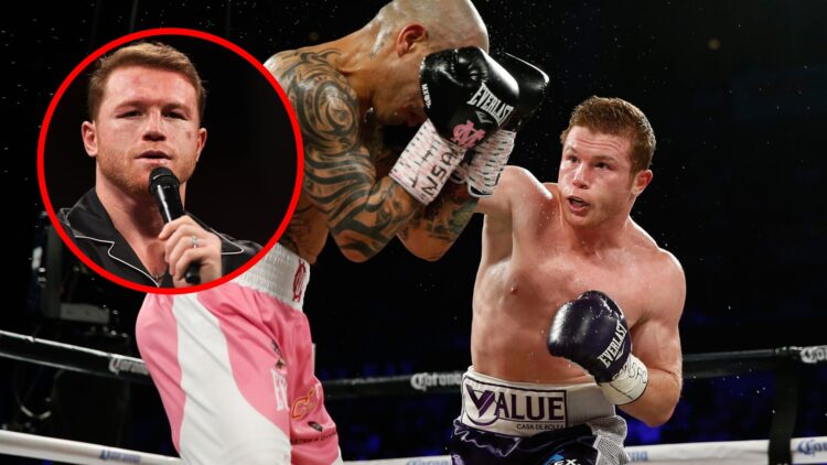Canelo vs Miguel Cotto with inset of Canelo speaking into a microphone