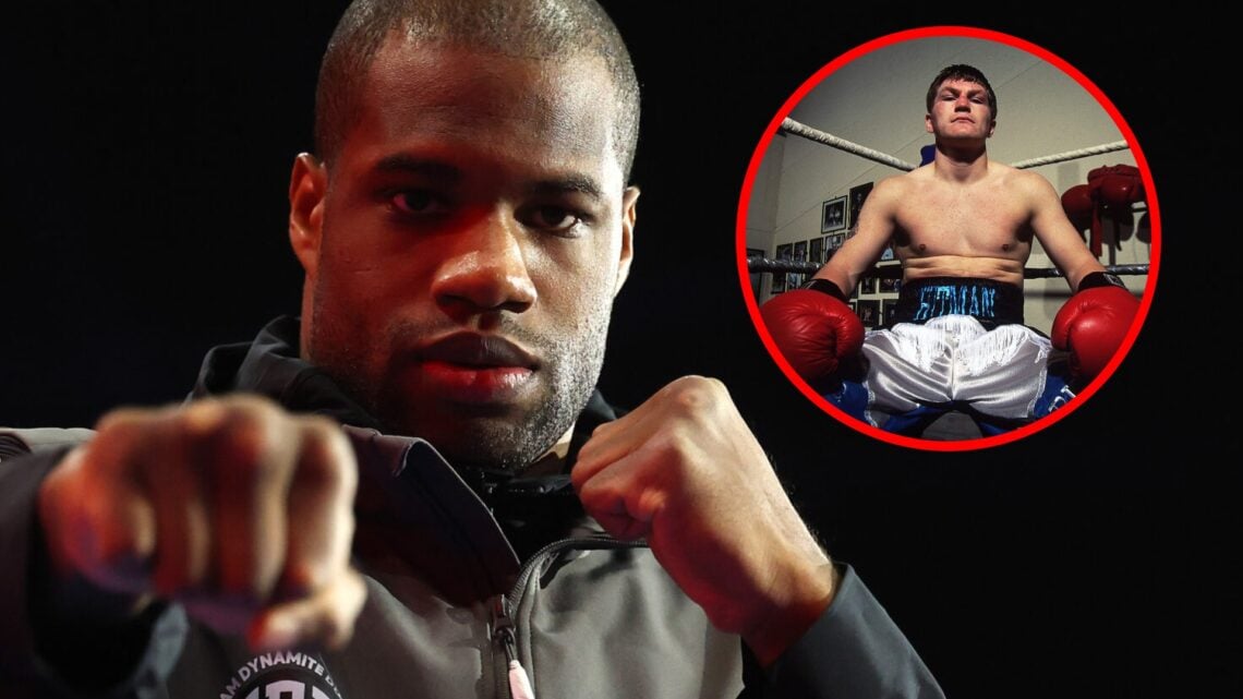 Daniel Dubois points a fist at the camera in training photoshoot with inset of a younger Ricky Hatton sat on his stool in the ring for a photoshoot