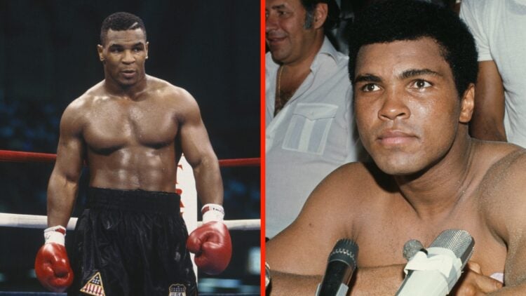 Mike Tyson (left) staring down his opponent in the ring and Muhammad Ali (right) angrily staring at a post-fight press conference.