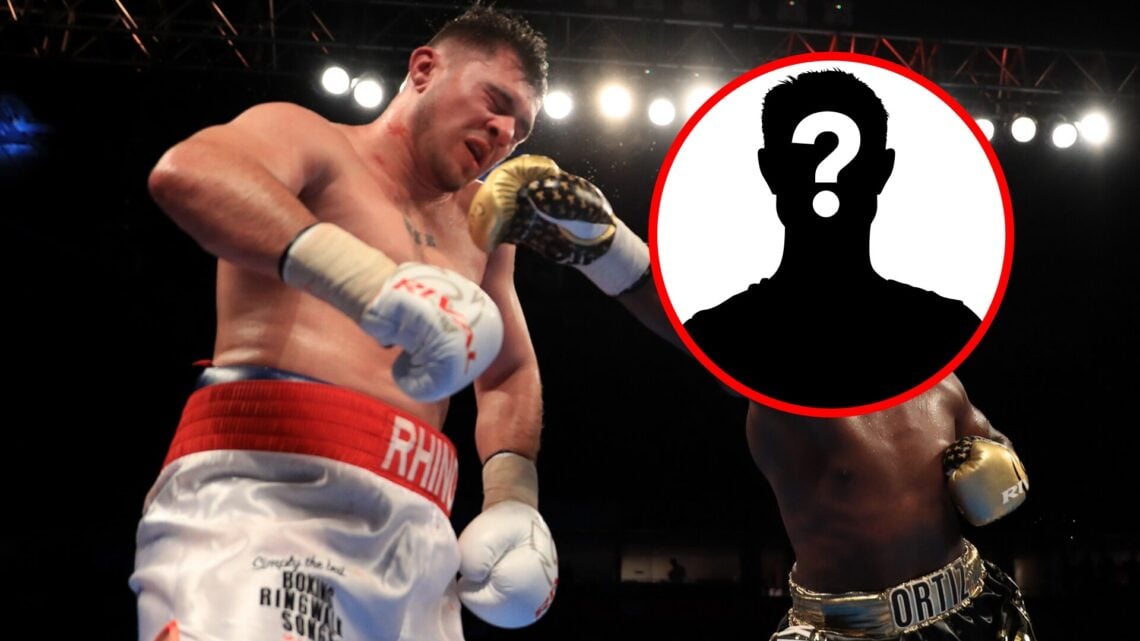 Dave Allen taking a right hand from Luis Ortiz with inset of mystery silhouette