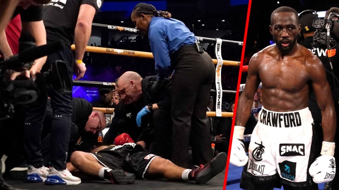 Terence Crawford stood in the ring after beating Errol Spence split with David Avanesyan flat on the canvas after losing to Crawford.