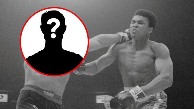 Muhammad Ali punching Oscar Bonavena with inset of mystery silhouette