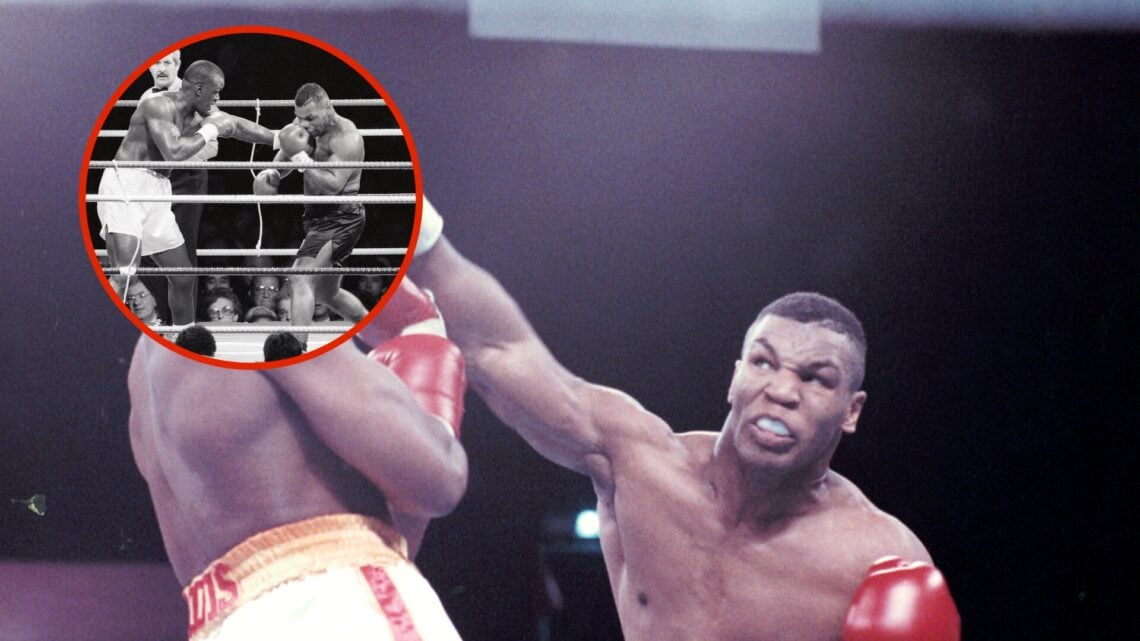 Image of Mike Tyson punching with an inset of Tyson vs Buster Douglas