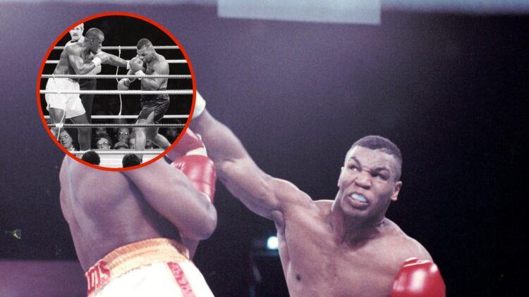 Image of Mike Tyson punching with an inset of Tyson vs Buster Douglas