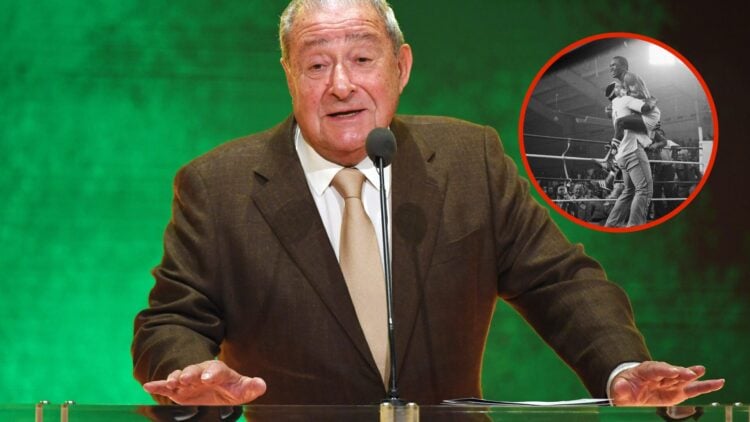 Image of Bob Arum at a press conference with an inset of Sugar Ray Leonard celebrating victory