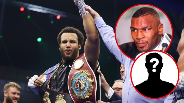 Moses Itauma has his hand raised after beating Demsey McKean with inset of Mike Tyson at a press conference and a mystery silhouette