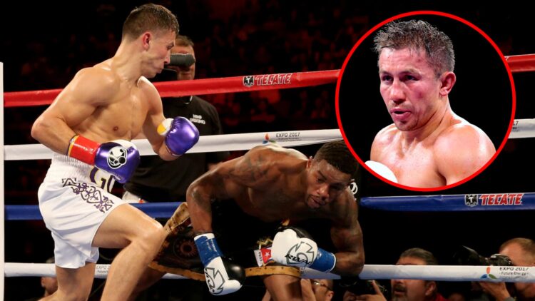 Gennadiy Golovkin dropping Willie Monroe Jr. with inset of Golovkin's face during a fight