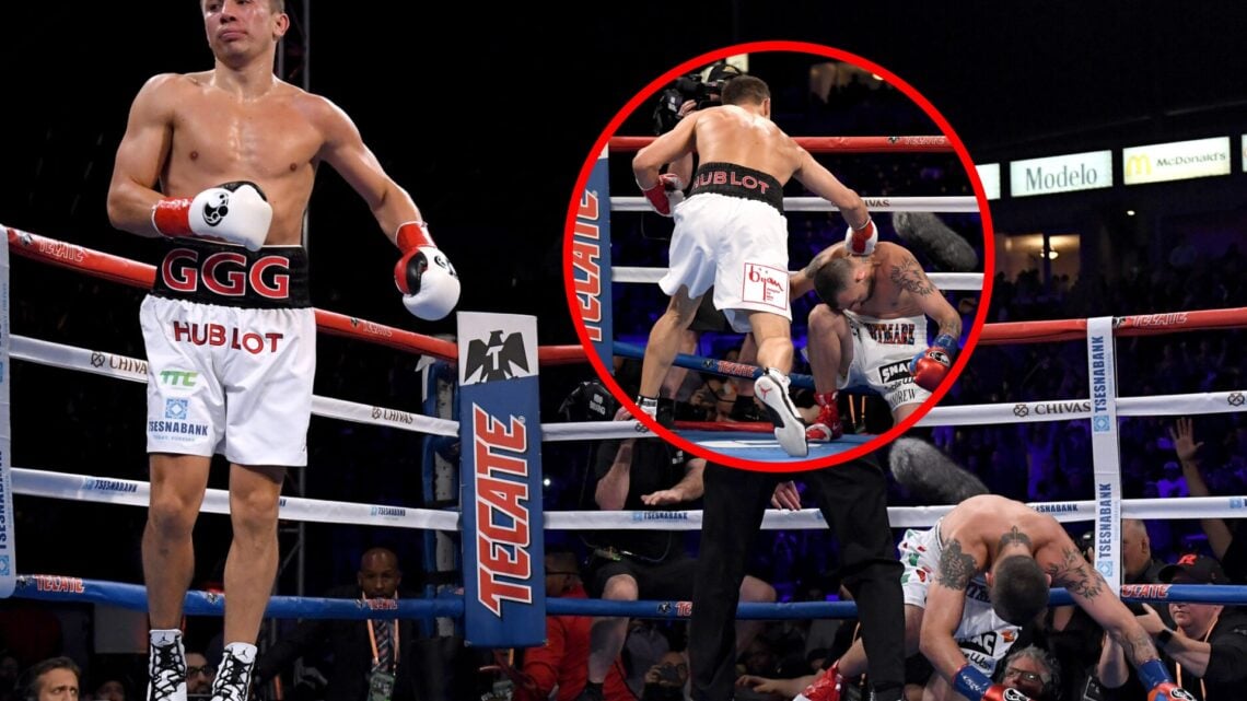 Gennadiy Golovkin walks away after KOing Vanes Martirosyan, with inset of Golovkin striking Martirosyan as his knee touches the canvas