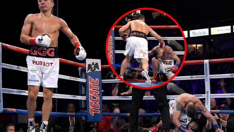 Gennadiy Golovkin walks away after KOing Vanes Martirosyan, with inset of Golovkin striking Martirosyan as his knee touches the canvas