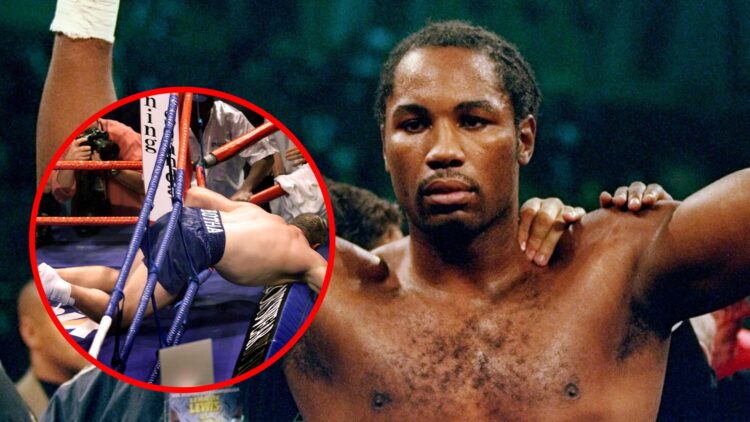 Lennox Lewis celebrates in the ring with inset of Frans Botha falling through the ropes after being hit by Lewis