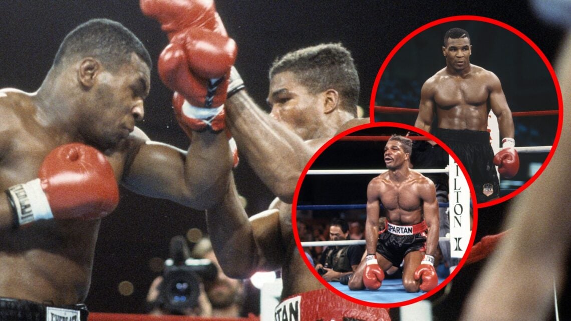Mike Tyson vs Alfonzo Ratliff with insets of Mike Tyson stood in the ring and of Alfonzo Ratliff on the canvas