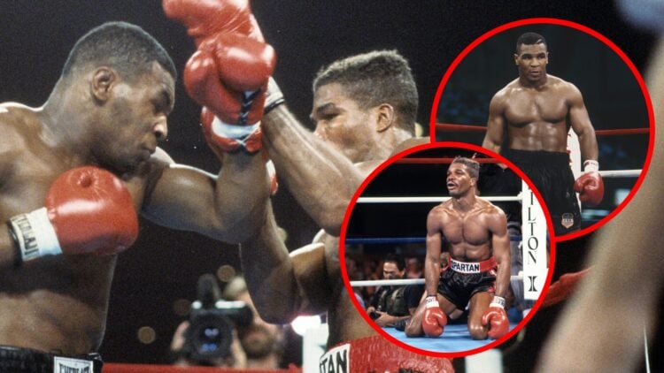 Mike Tyson vs Alfonzo Ratliff with insets of Mike Tyson stood in the ring and of Alfonzo Ratliff on the canvas