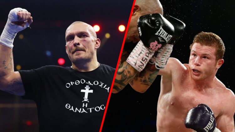 Oleksandr Usyk celebrating his win over Tyson Fury split with Canelo punching Miguel Cotto