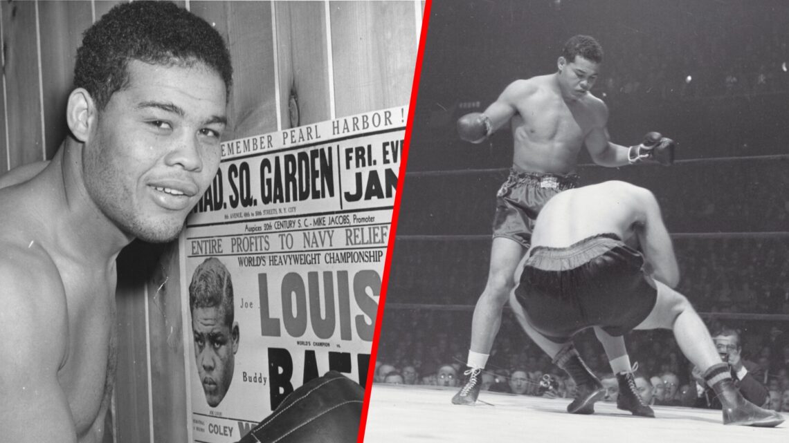 Joe Louis beside a poster for his fight with Buddy Baer split with Louis knocking out Baer