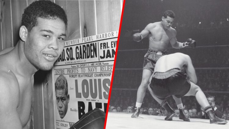Joe Louis beside a poster for his fight with Buddy Baer split with Louis knocking out Baer