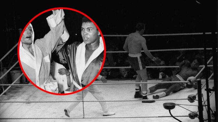 Muhammad Ali, then Cassius Clay, on the canvas with Henry Cooper standing over him, with inset of Henry Cooper and Muhammad Ali raising eachother's...