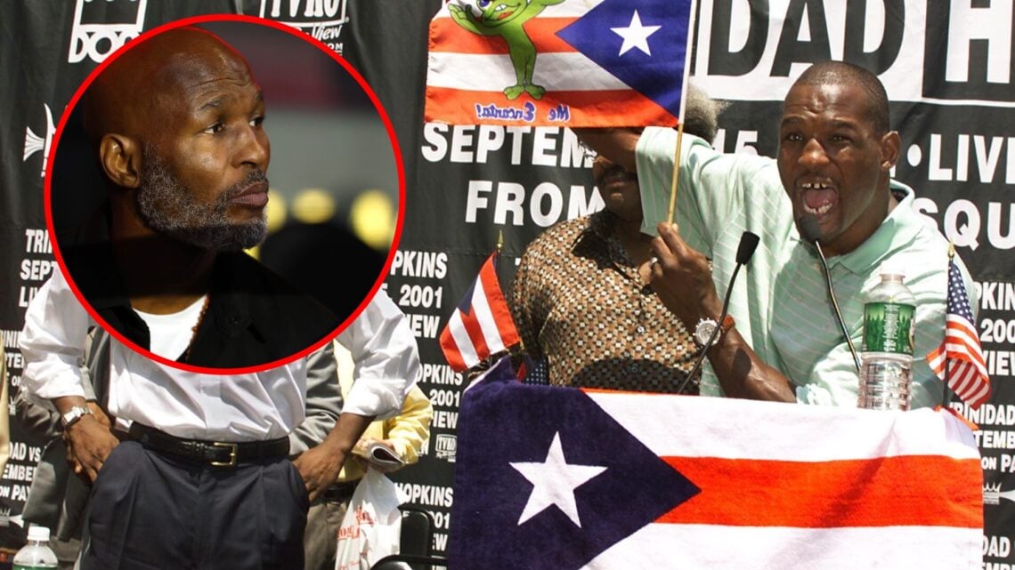 Bernard Hopkins holding a Puerto Rican flag at the presser for his fight with Felix Trinidad with inset of Hopkins looking into the distance