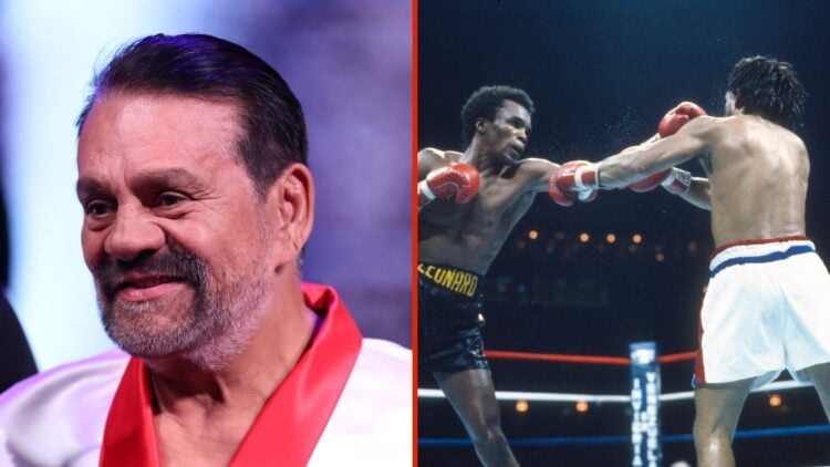 Split image of Roberto Duran at press conference and Sugar Ray Leonard vs Roberto Duran