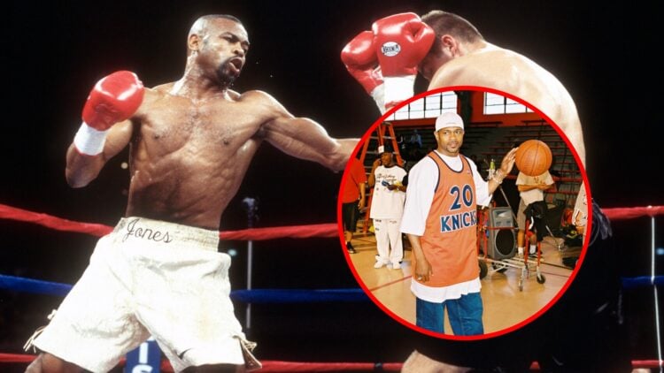 Roy Jones Jr. vs Eric Lucas with inset of Jones Jr. dribbling a basketball