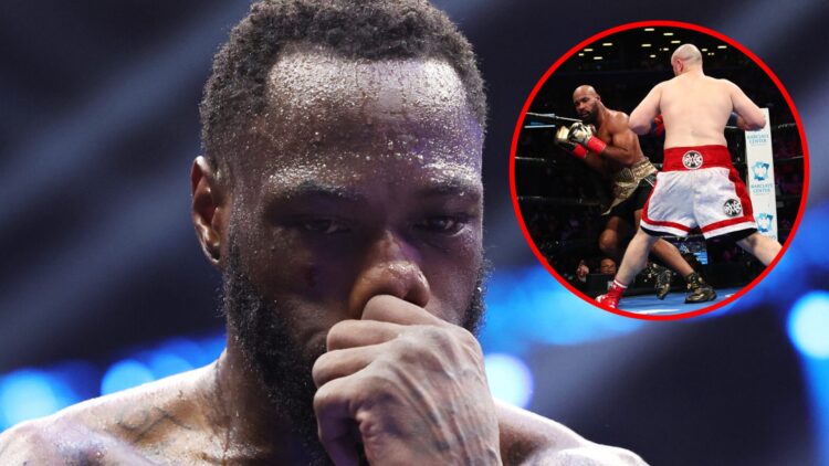 Deontay Wilder looking upset after a loss to Zhilei Zhang with inset of Adam Kownacki defeating Gerald Washington