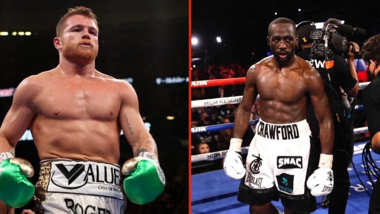 Split image of Canelo Alvarez and Terence Crawford both in ring