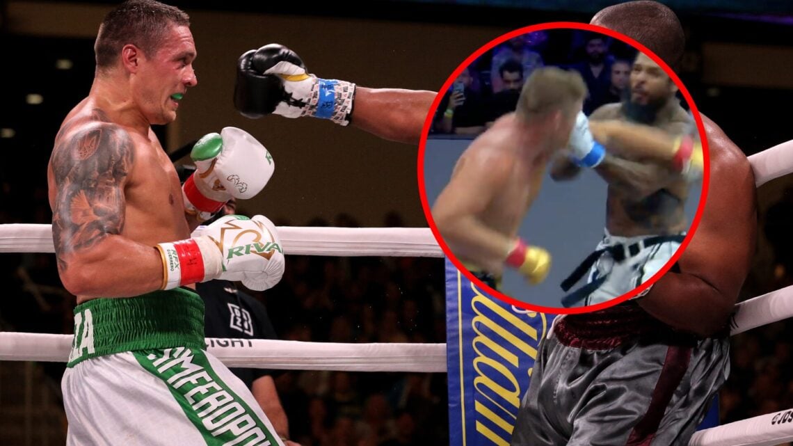 Oleksandr Usyk fighting Chazz Witherspoon with inset of Tyrone Spong being knocked out by Sam Alvey