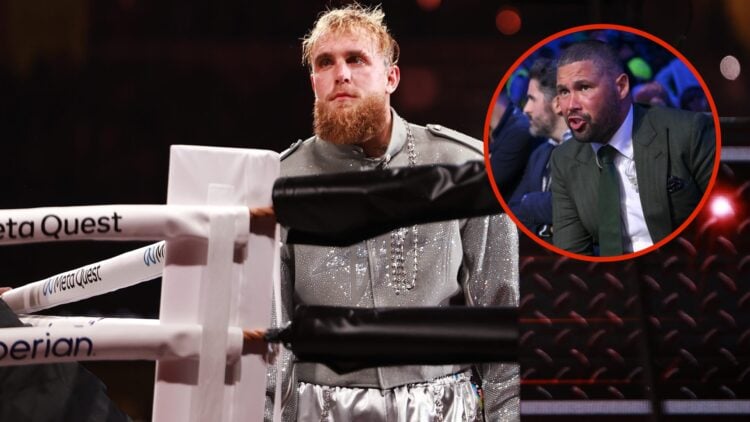 Image of Jake Paul in ring with an inset of Tony Bellew in crowd.