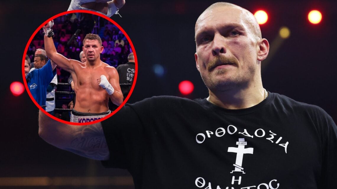 Oleksandr Usyk celebrating his win over Tyson Fury with inset of Matvey Korobov celebrating his win over Immanuwel Aleem