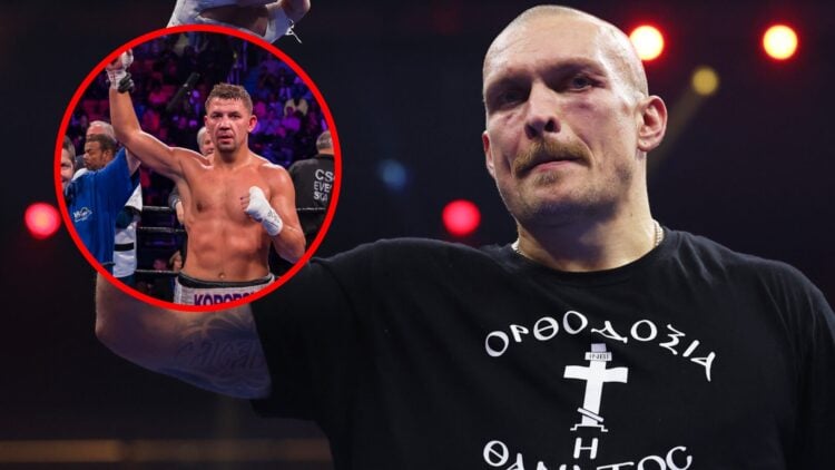 Oleksandr Usyk celebrating his win over Tyson Fury with inset of Matvey Korobov celebrating his win over Immanuwel Aleem