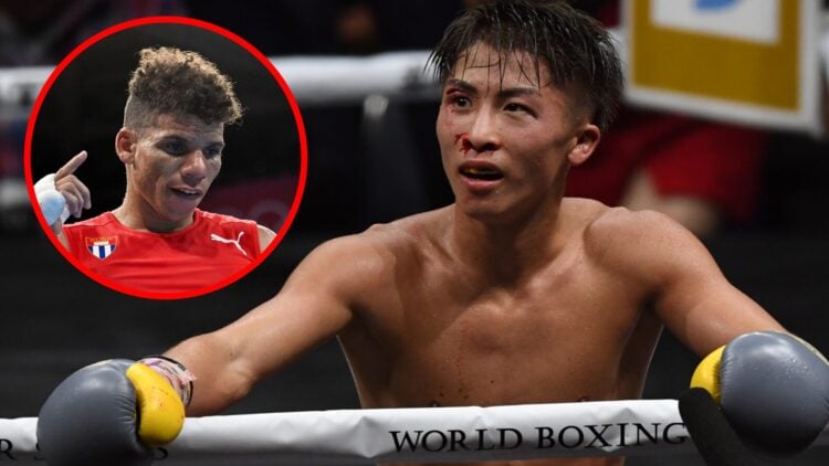 Naoya Inoue in the ring after his fight with Nonito Donaire with inset of Yosbany Veitia