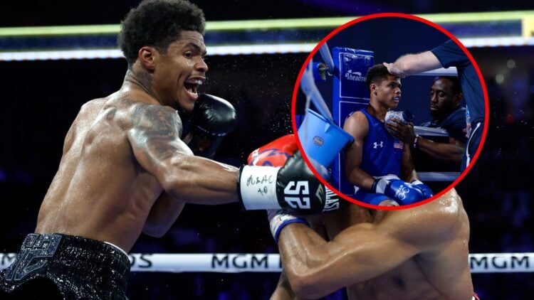 Shakur Stevenson vs Edwin De Los Santos with inset of Shakur Stevenson at the Olympics
