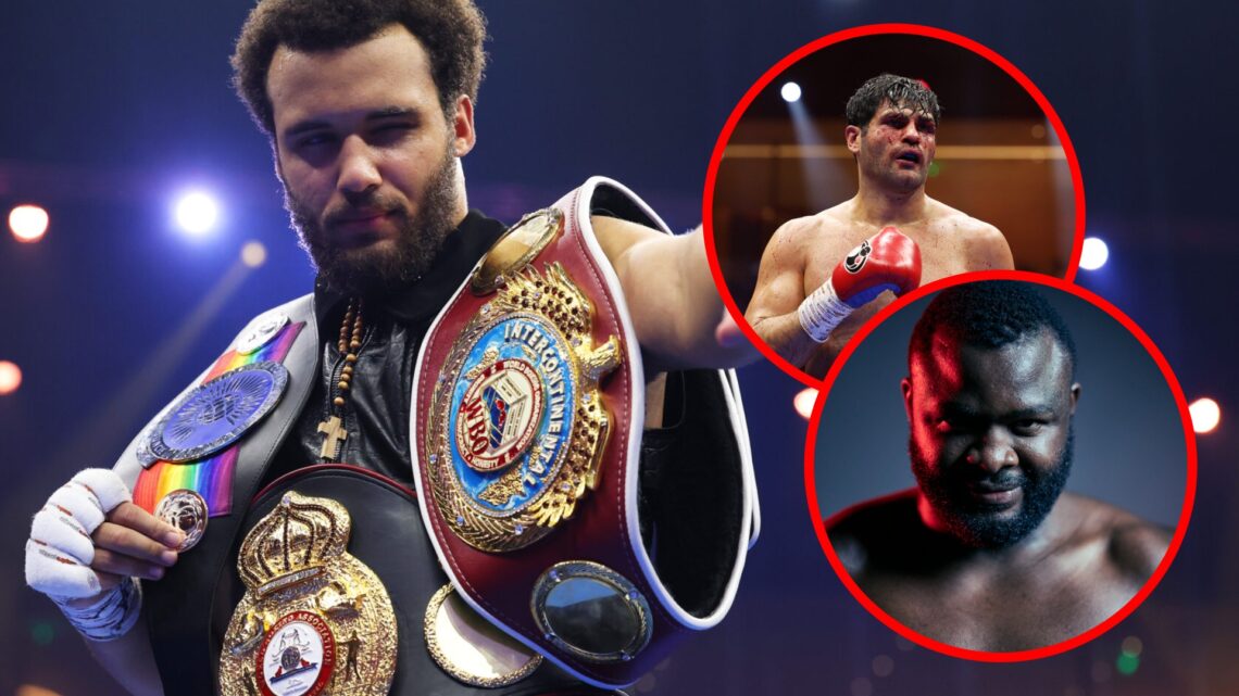 Moses Itauma in the ring celebrating with insets of Martin Bakole and of Filip Hrgovic covered in blood against Daniel Dubois