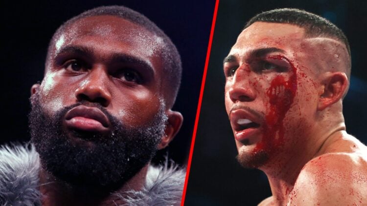 Jaron Ennis close-up split with Teofimo Lopez with a cut over his eye
