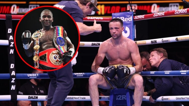 Josh Taylor on his stool during Ekow Essuman fight with inset of Ekow Essuman with belts