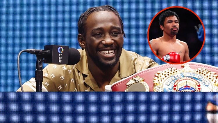 Split image of Terence Crawford at press conference and Manny Pacquiao in ring
