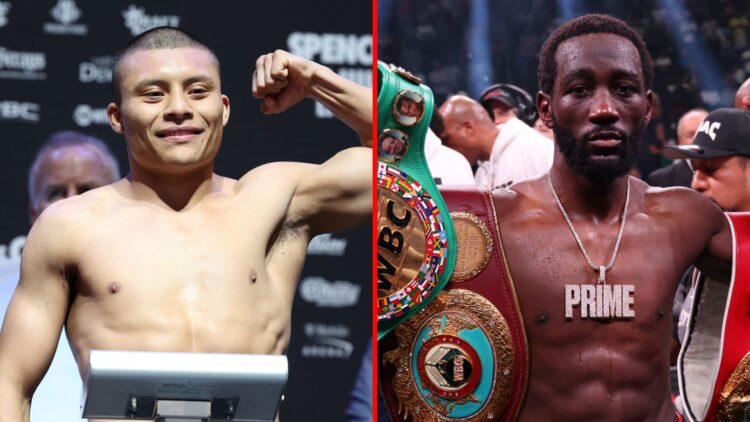 Split image of Isaac Cruz weighing-in and Terence Crawford celebrating