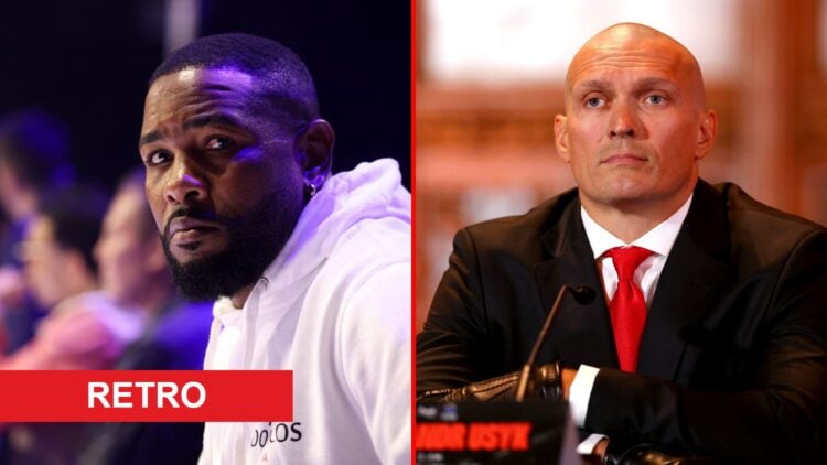 Split image of Yuniel Dorticos and Oleksandr Usyk at press conferences with retro label